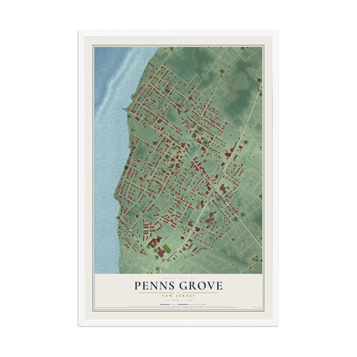Penns Grove, New Jersey map print, 12" x 18" W/ White Ayous Wood Frame mockup