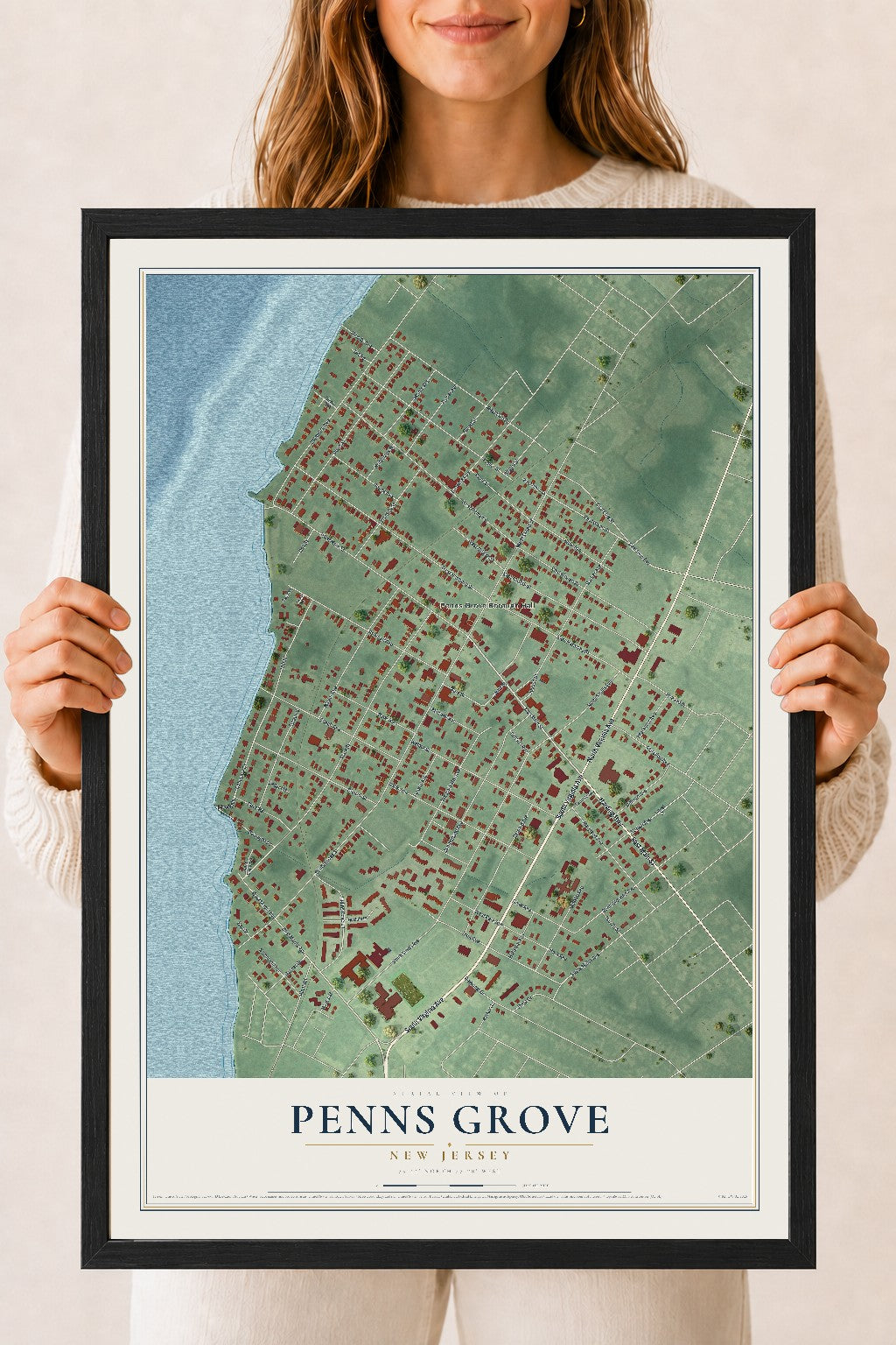 Penns Grove, New Jersey map print, 18" x 24" W/ Black Ayous Wood Frame mockup