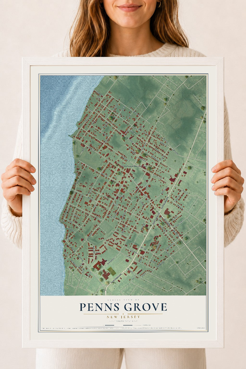 Penns Grove, New Jersey map print, 18" x 24" W/ White Ayous Wood Frame mockup