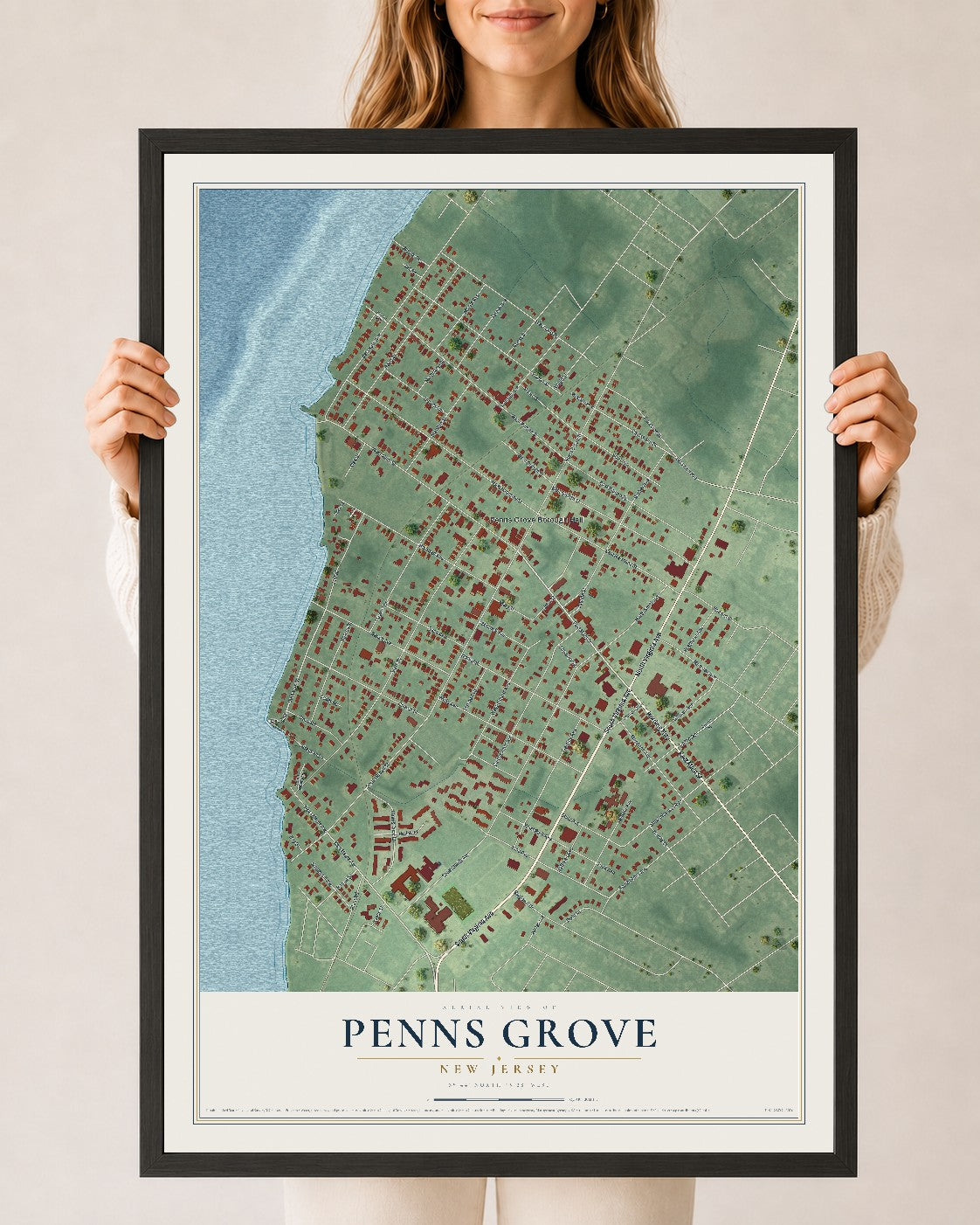 Penns Grove, New Jersey map print, 24" x 36" W/ Black Ayous Wood Frame mockup