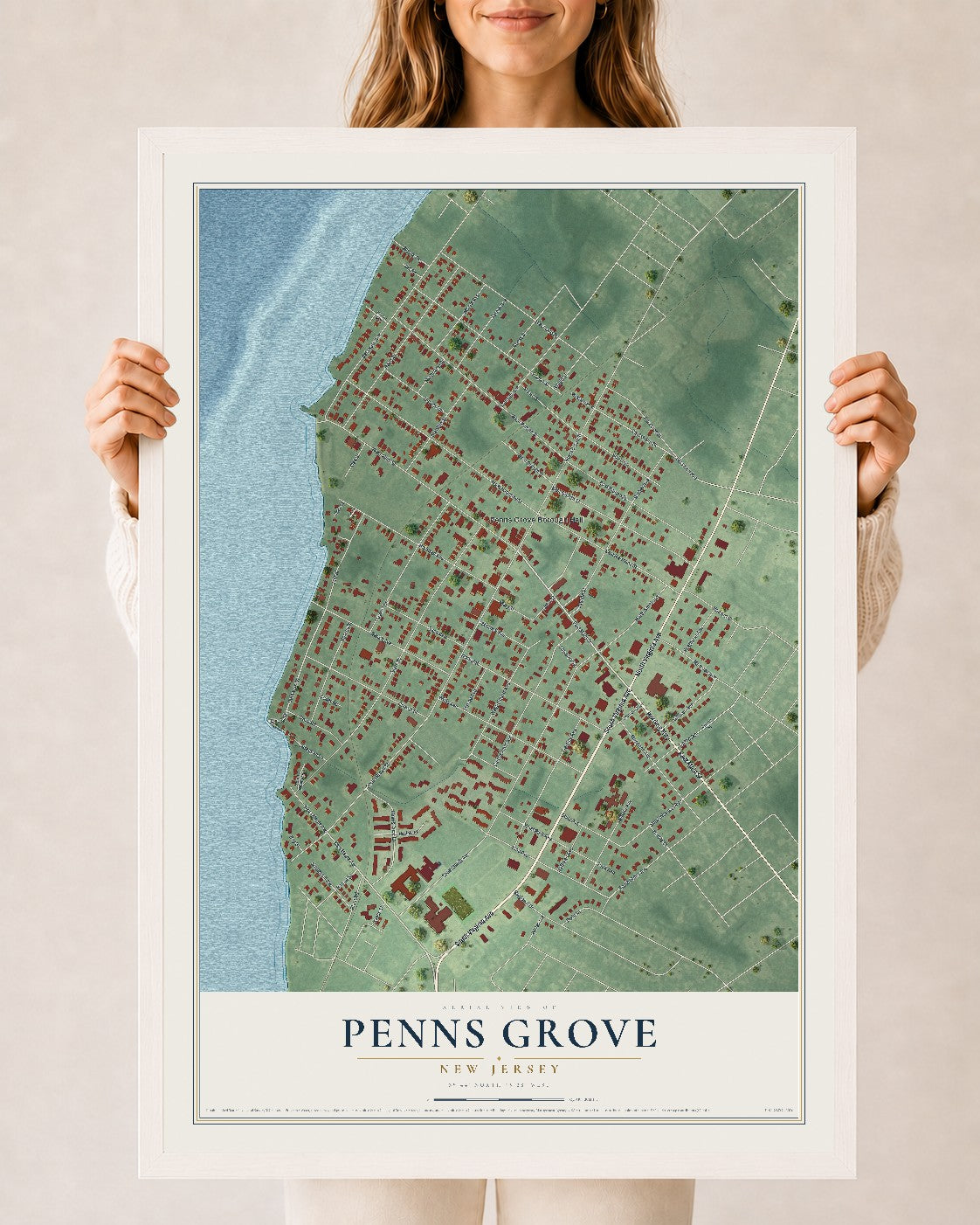 Penns Grove, New Jersey map print, 24" x 36" W/ White Ayous Wood Frame mockup