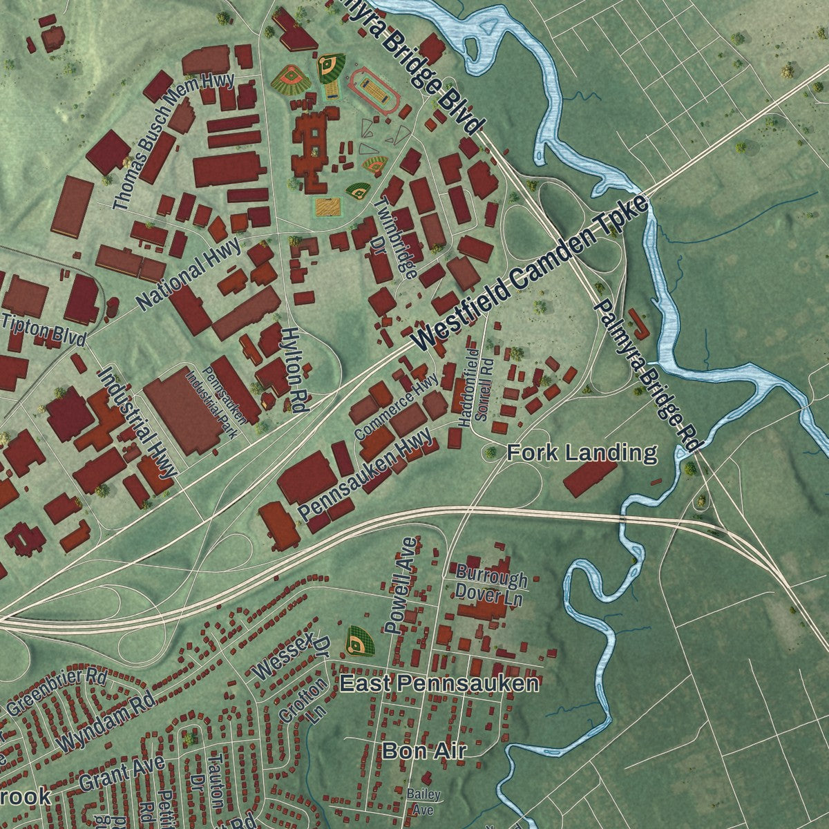 Close-up 2 of the Pennsauken, New Jersey map artwork