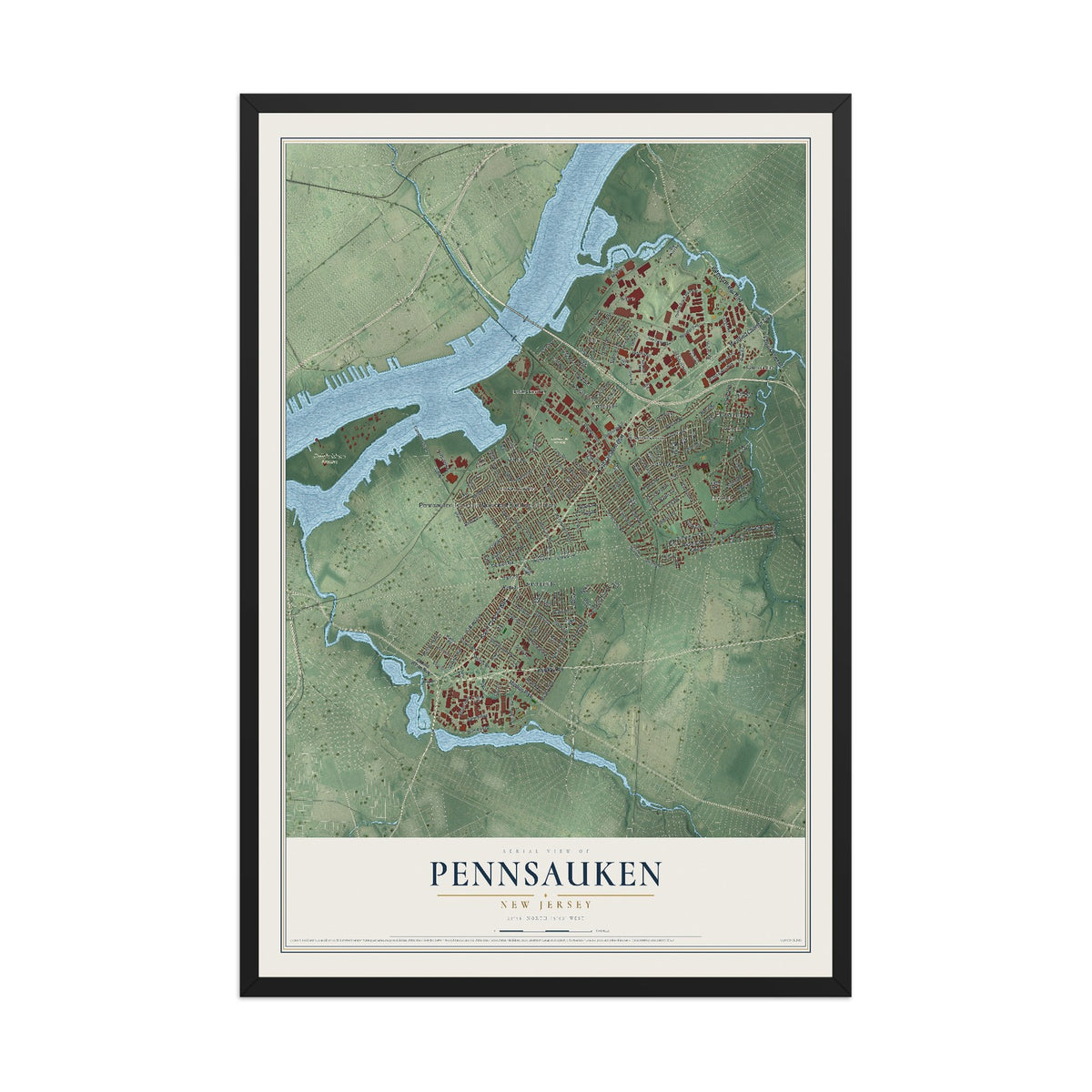 Pennsauken, New Jersey map print, 12" x 18" W/ Black Ayous Wood Frame mockup