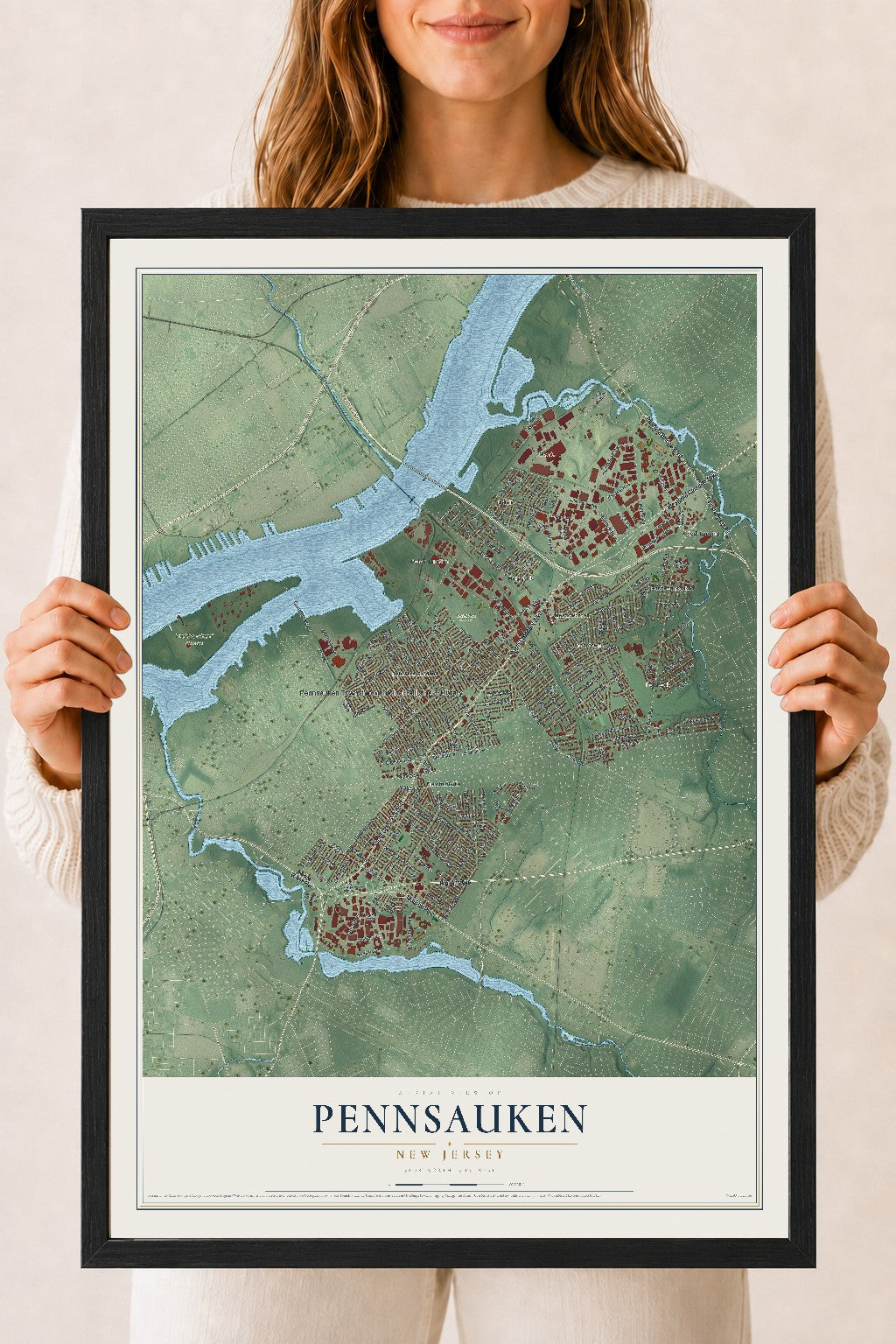 Pennsauken, New Jersey map print, 18" x 24" W/ Black Ayous Wood Frame mockup