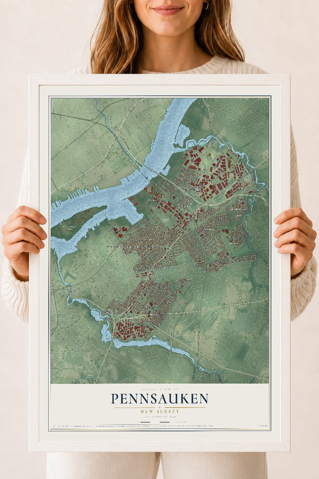 Pennsauken, New Jersey map print, 18" x 24" W/ White Ayous Wood Frame mockup