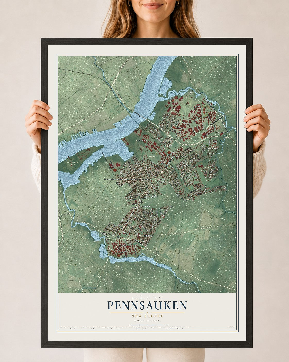 Pennsauken, New Jersey map print, 24" x 36" W/ Black Ayous Wood Frame mockup