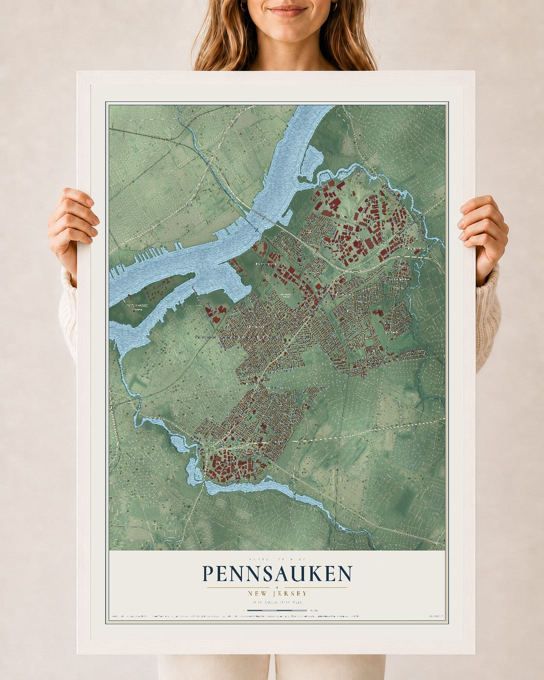 Pennsauken, New Jersey map print, 24" x 36" W/ White Ayous Wood Frame mockup