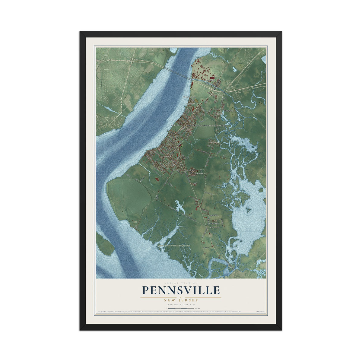 Pennsville, New Jersey map print, 12" x 18" W/ Black Ayous Wood Frame mockup