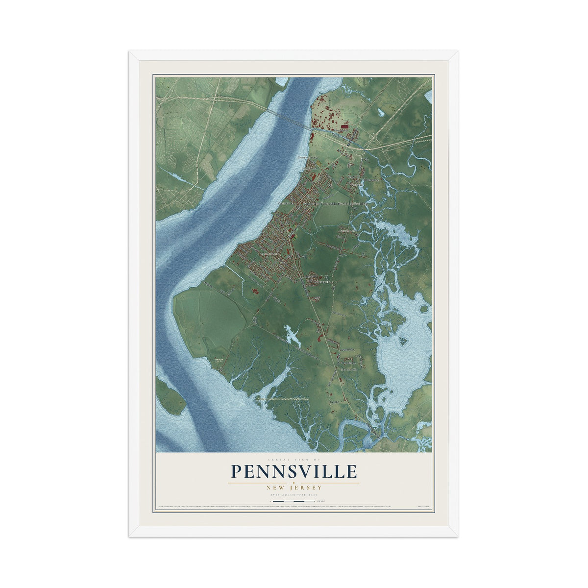 Pennsville, New Jersey map print, 12" x 18" W/ White Ayous Wood Frame mockup