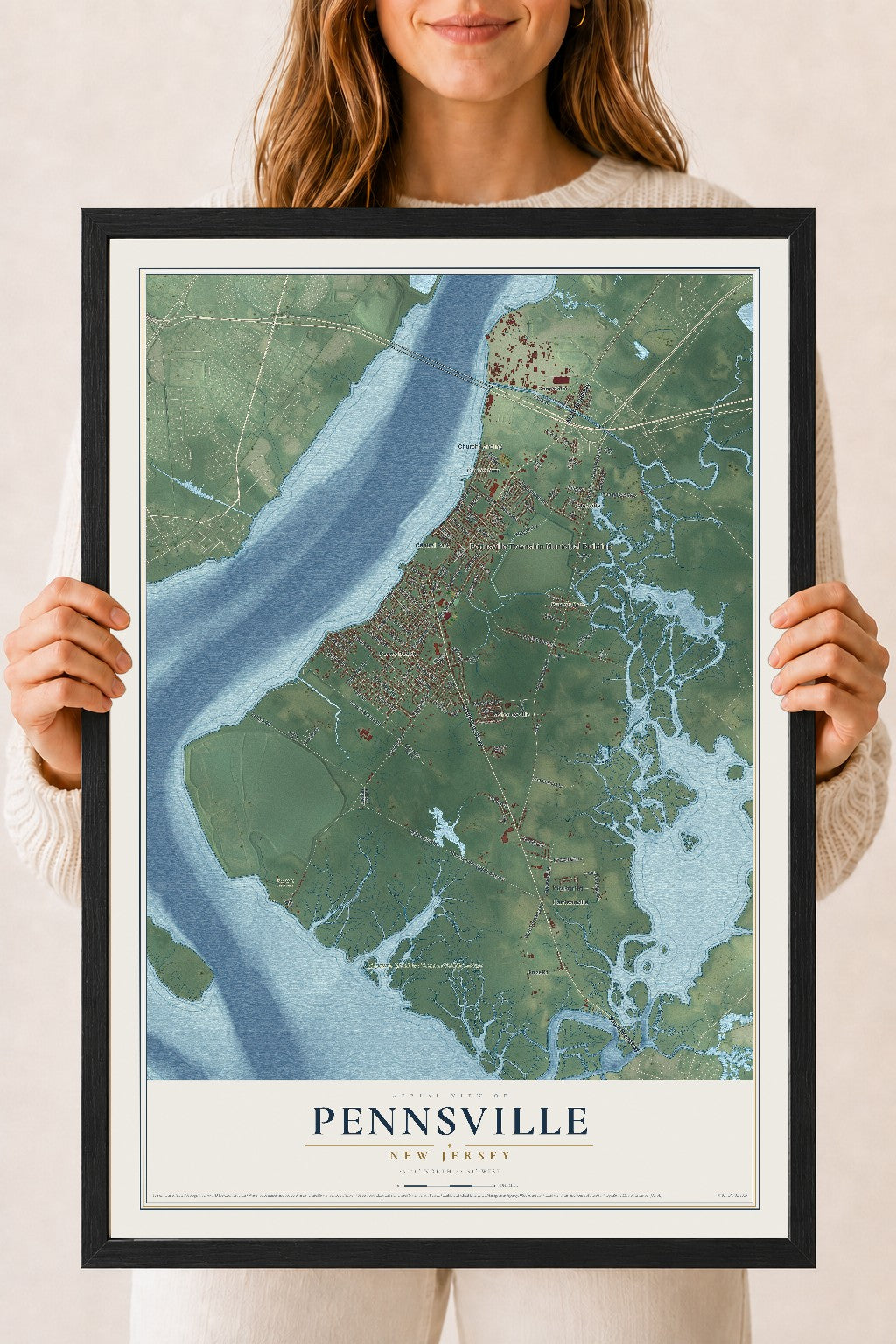 Pennsville, New Jersey map print, 18" x 24" W/ Black Ayous Wood Frame mockup