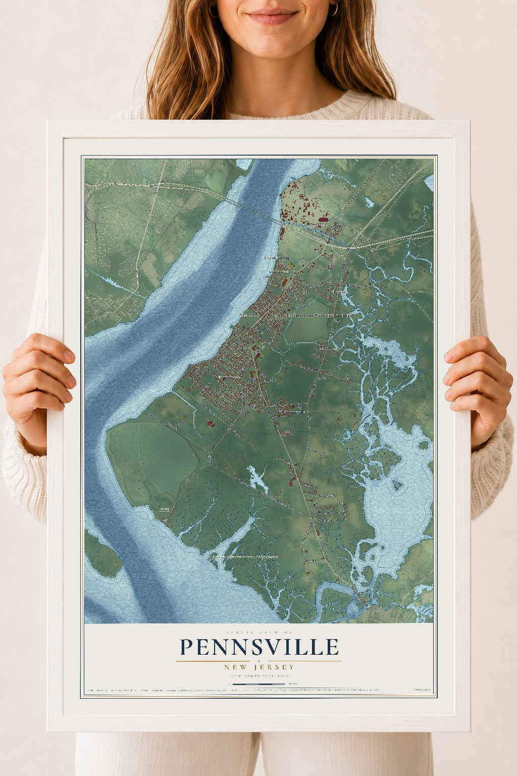 Pennsville, New Jersey map print, 18" x 24" W/ White Ayous Wood Frame mockup