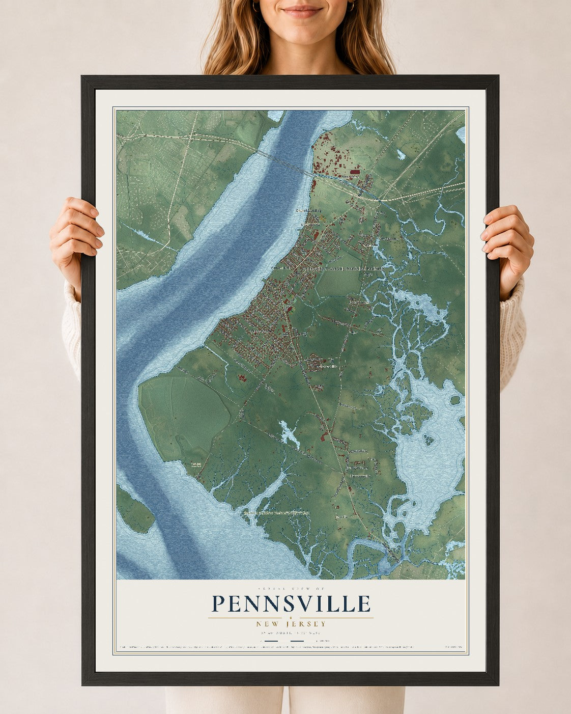 Pennsville, New Jersey map print, 24" x 36" W/ Black Ayous Wood Frame mockup