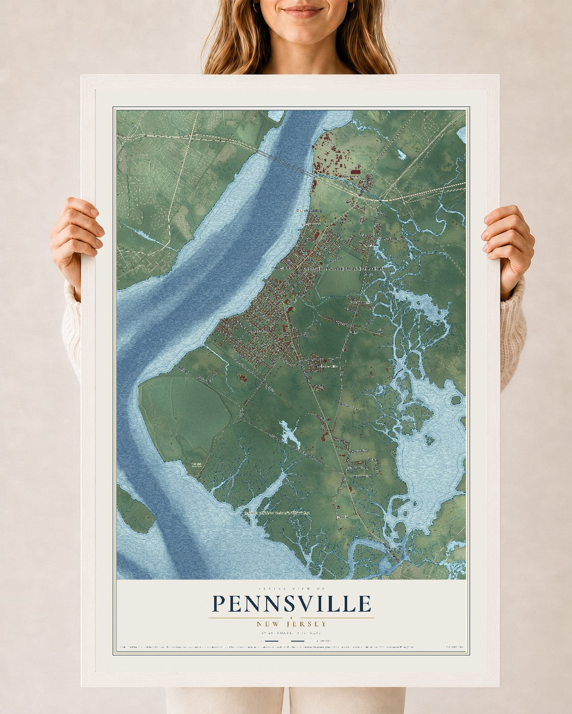 Pennsville, New Jersey map print, 24" x 36" W/ White Ayous Wood Frame mockup