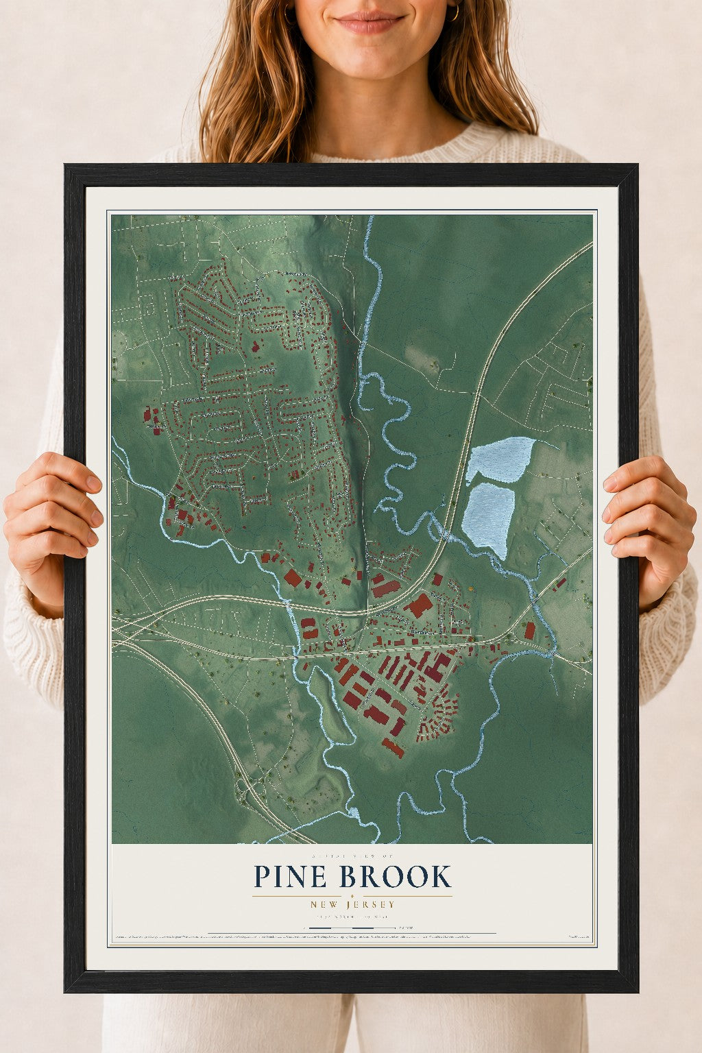 Pine Brook, New Jersey map print, 18" x 24" W/ Black Ayous Wood Frame mockup