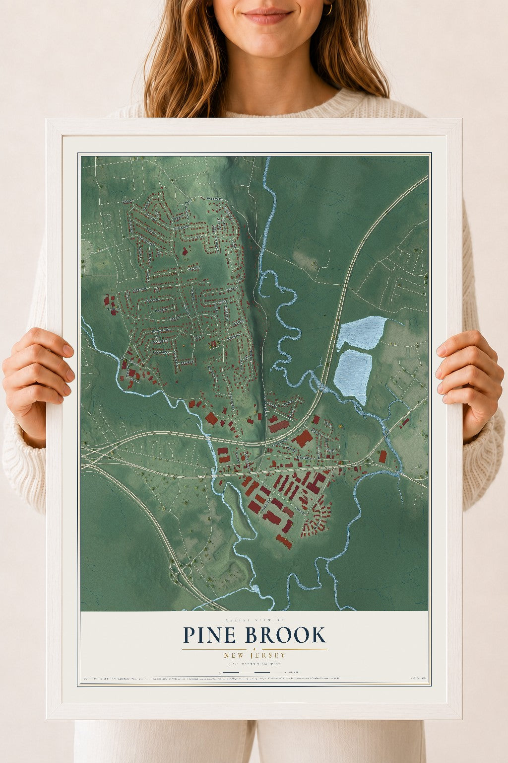 Pine Brook, New Jersey map print, 18" x 24" W/ White Ayous Wood Frame mockup