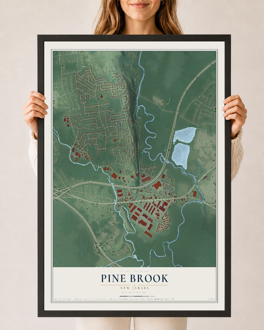 Pine Brook, New Jersey map print, 24" x 36" W/ Black Ayous Wood Frame mockup