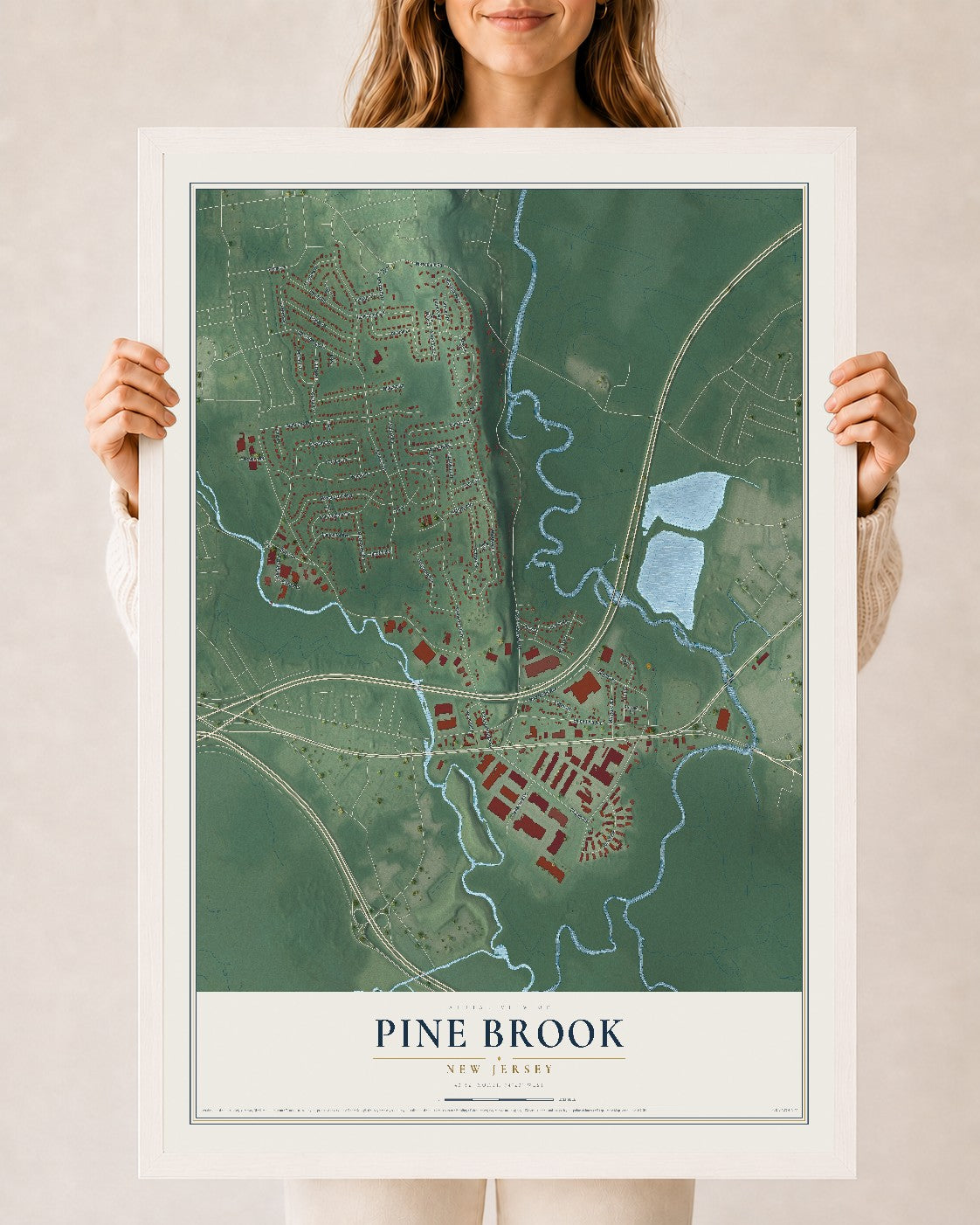 Pine Brook, New Jersey map print, 24" x 36" W/ White Ayous Wood Frame mockup