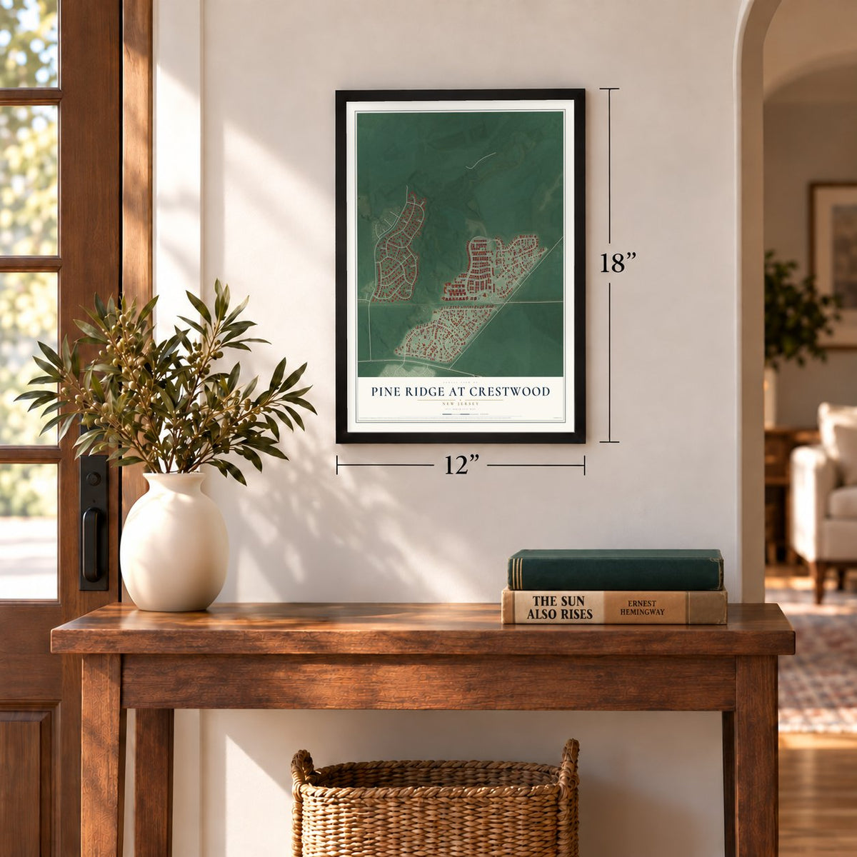Pine Ridge at Crestwood, New Jersey map, 12 x 18 inch print in a black frame in an entryway