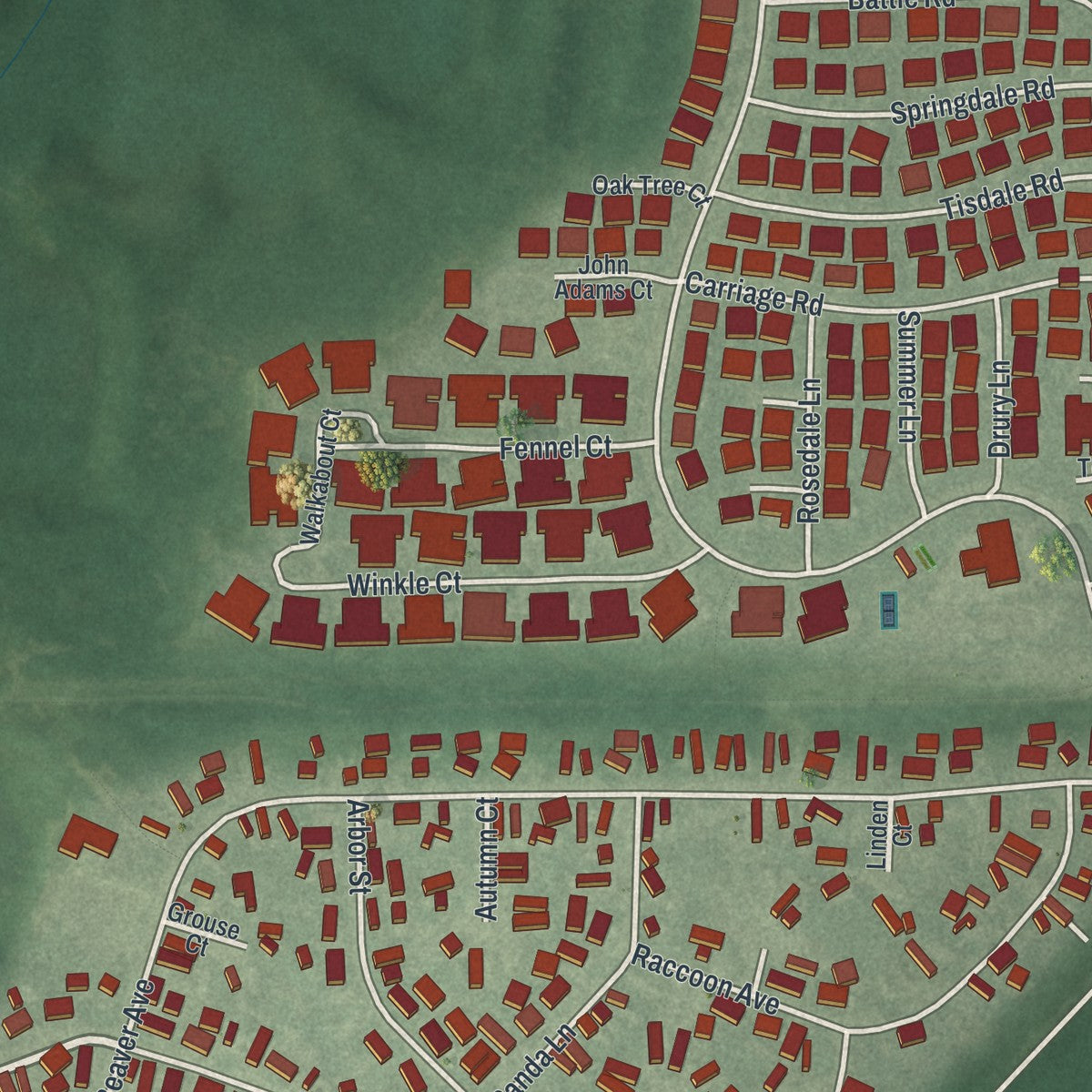 Close-up of the map of Pine Ridge at Crestwood, New Jersey print showing street and building detail