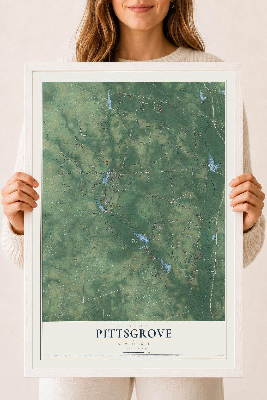 Pittsgrove, New Jersey map print, 18" x 24" W/ White Ayous Wood Frame mockup
