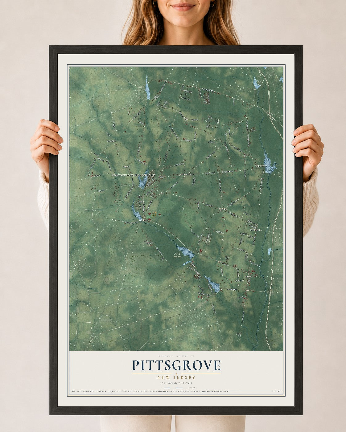 Pittsgrove, New Jersey map print, 24" x 36" W/ Black Ayous Wood Frame mockup