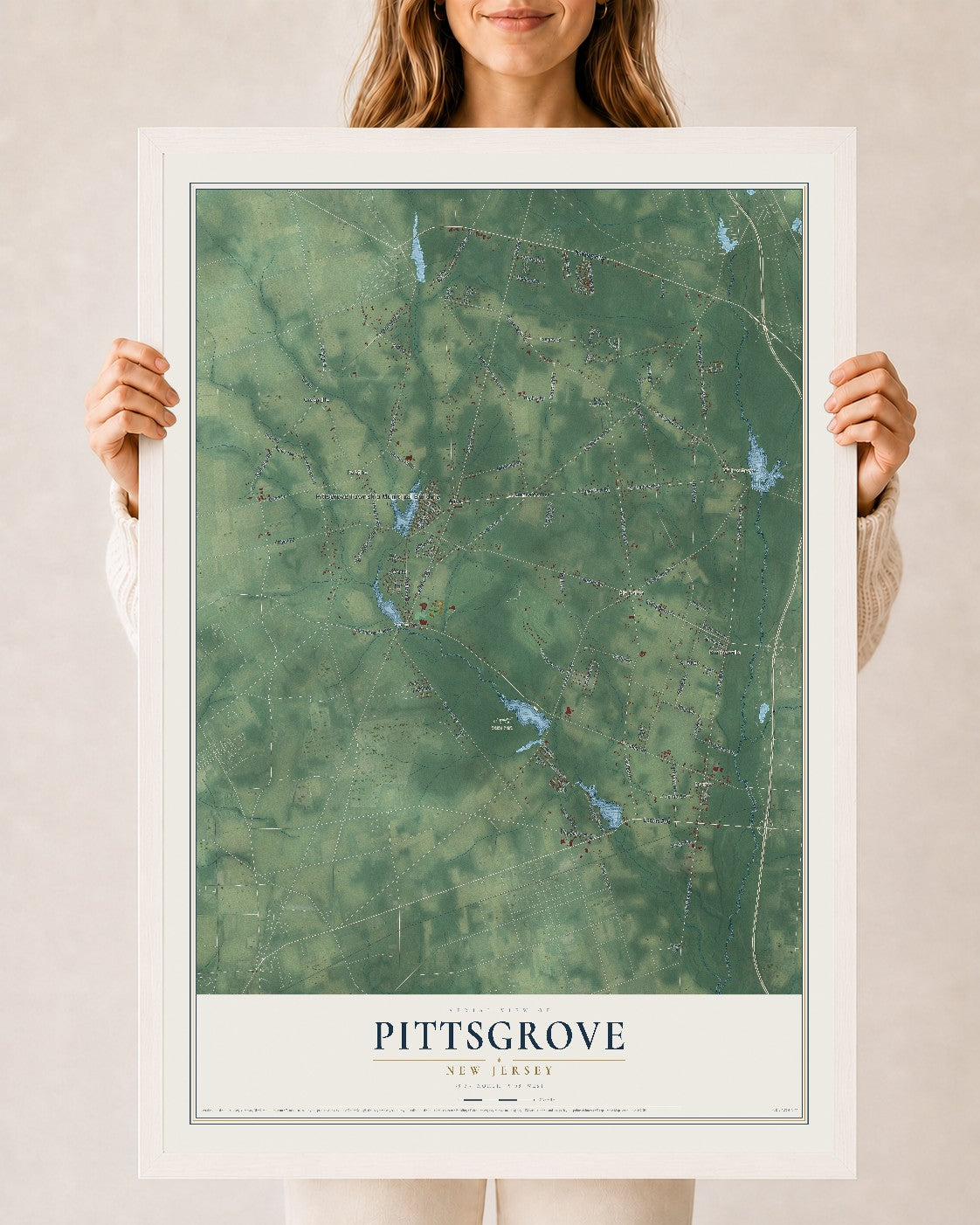 Pittsgrove, New Jersey map print, 24" x 36" W/ White Ayous Wood Frame mockup