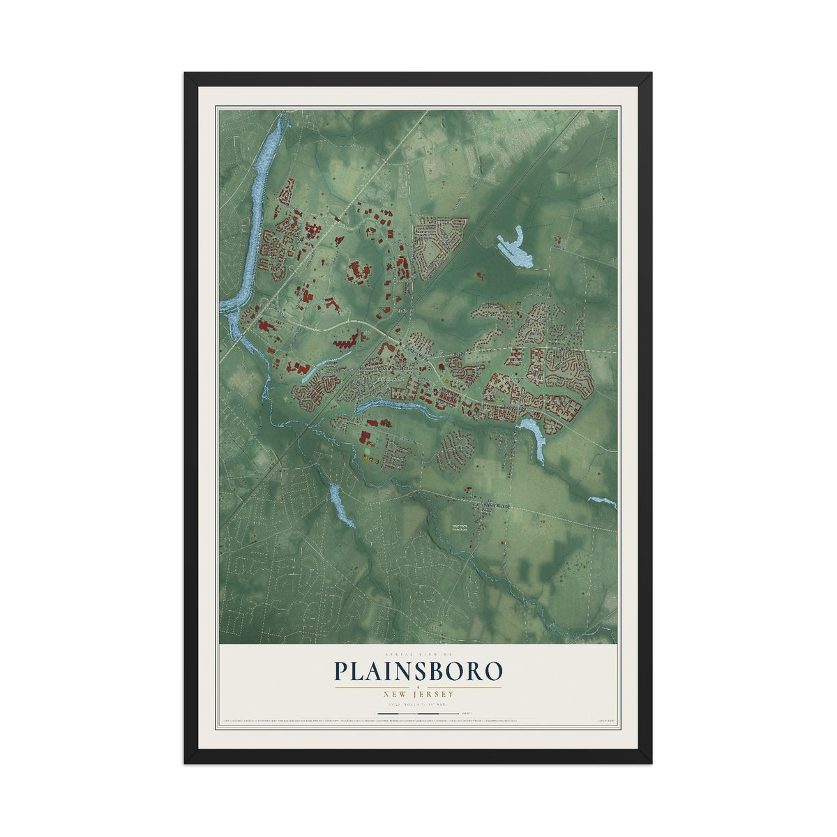 Plainsboro, New Jersey map print, 12" x 18" W/ Black Ayous Wood Frame mockup