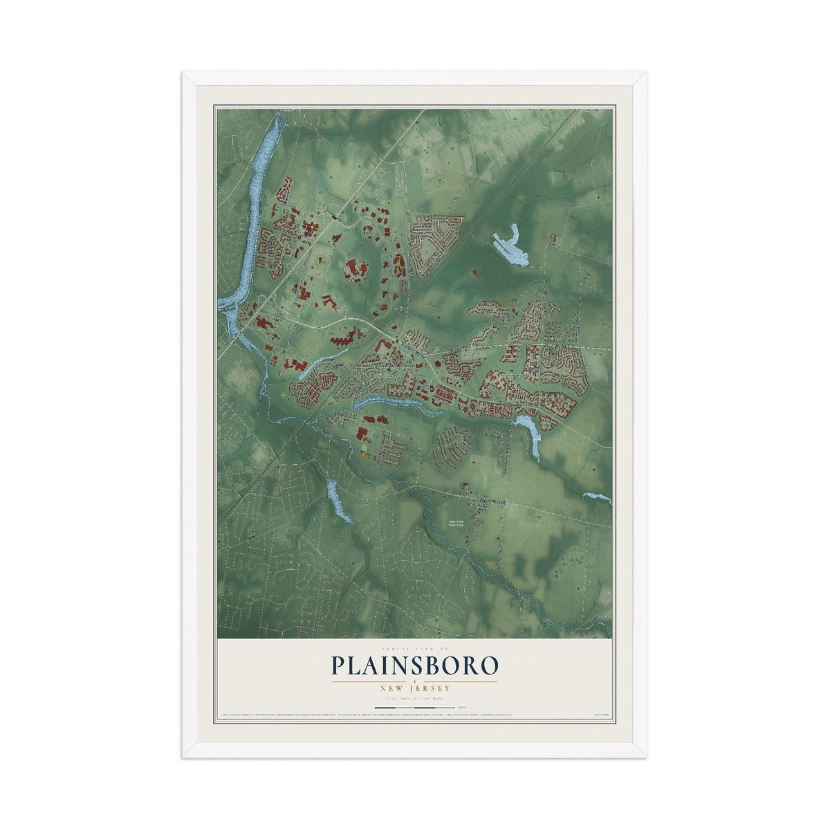 Plainsboro, New Jersey map print, 12" x 18" W/ White Ayous Wood Frame mockup