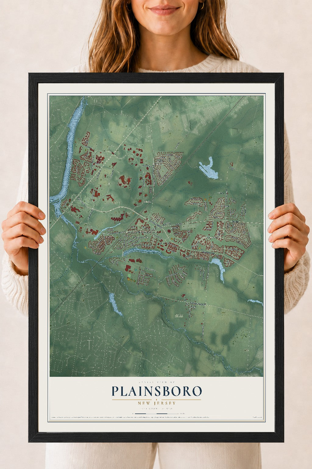 Plainsboro, New Jersey map print, 18" x 24" W/ Black Ayous Wood Frame mockup