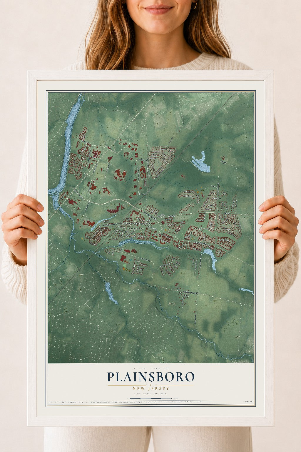 Plainsboro, New Jersey map print, 18" x 24" W/ White Ayous Wood Frame mockup
