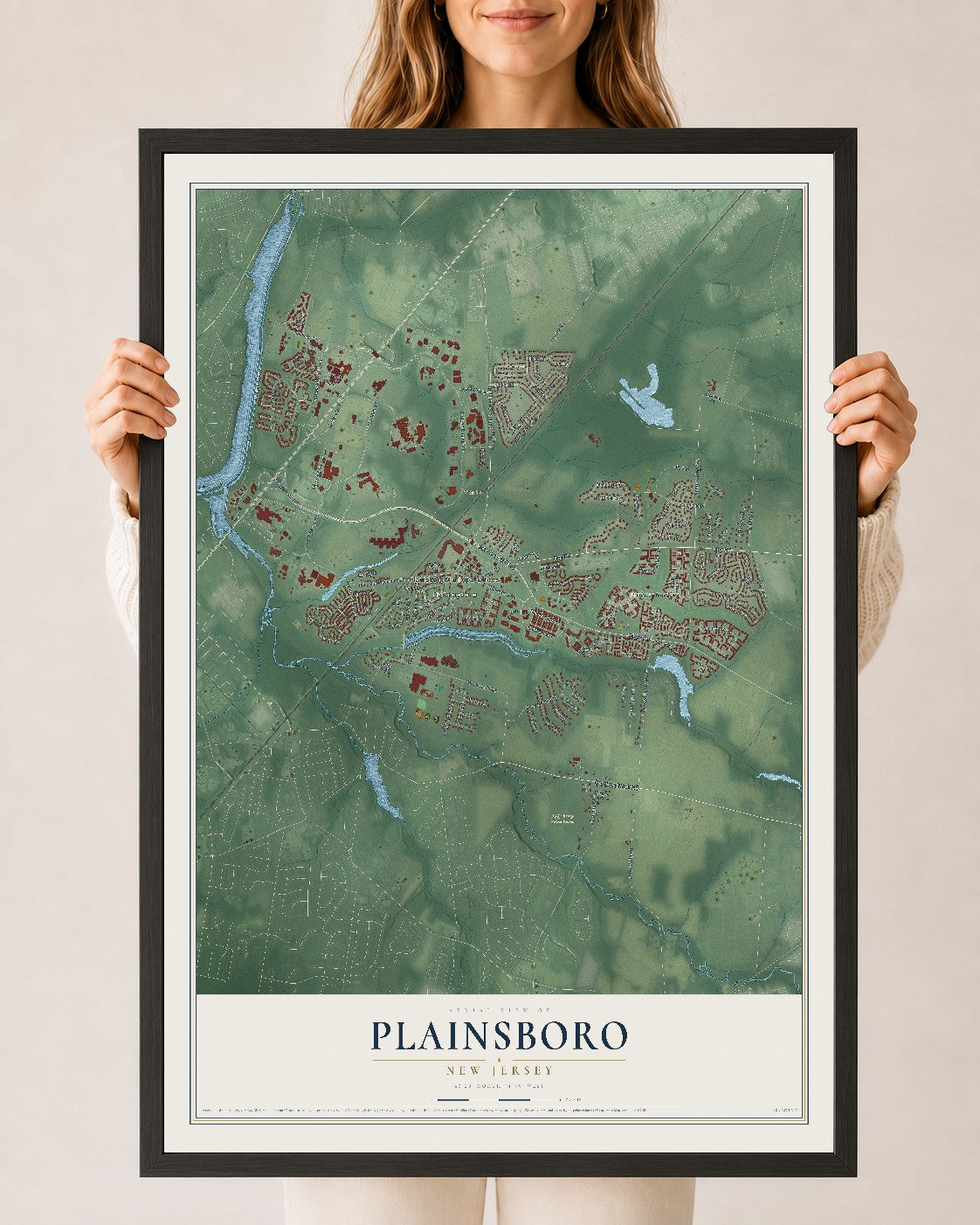 Plainsboro, New Jersey map print, 24" x 36" W/ Black Ayous Wood Frame mockup