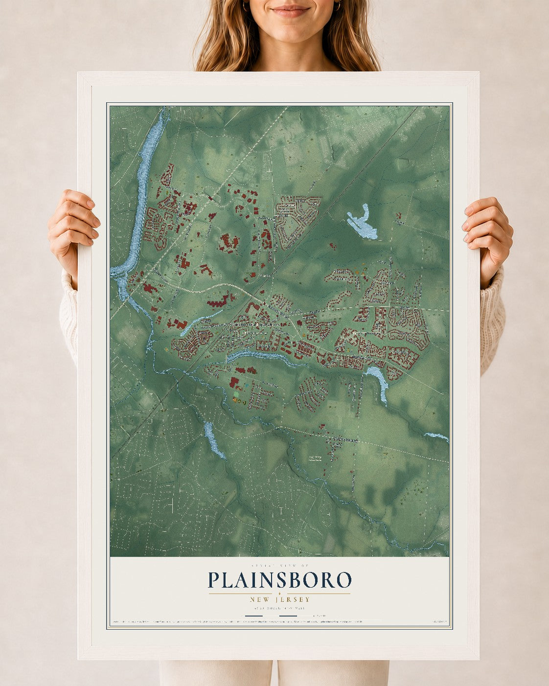 Plainsboro, New Jersey map print, 24" x 36" W/ White Ayous Wood Frame mockup