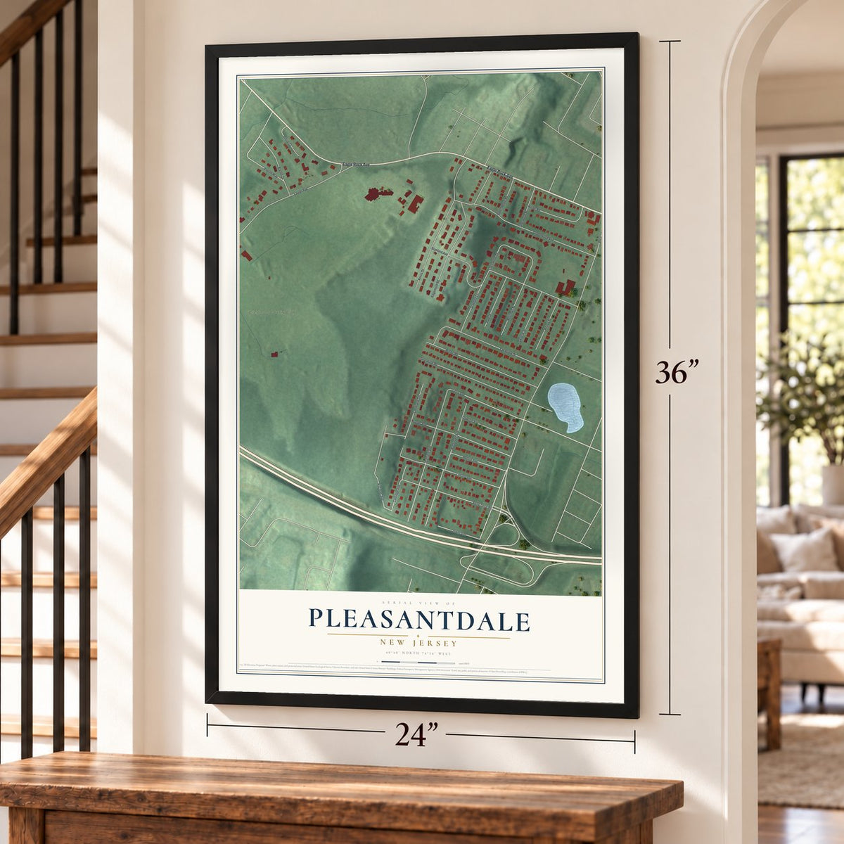 Pleasantdale, New Jersey map, 24 x 36 inch print in a black frame by a staircase