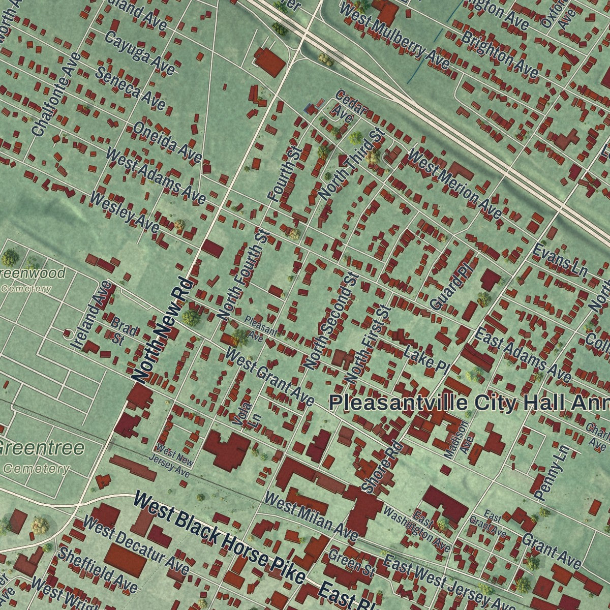 Close-up 1 of the Pleasantville, New Jersey map artwork