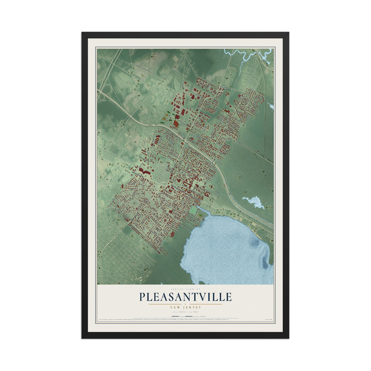 Pleasantville, New Jersey map print, 12" x 18" W/ Black Ayous Wood Frame mockup