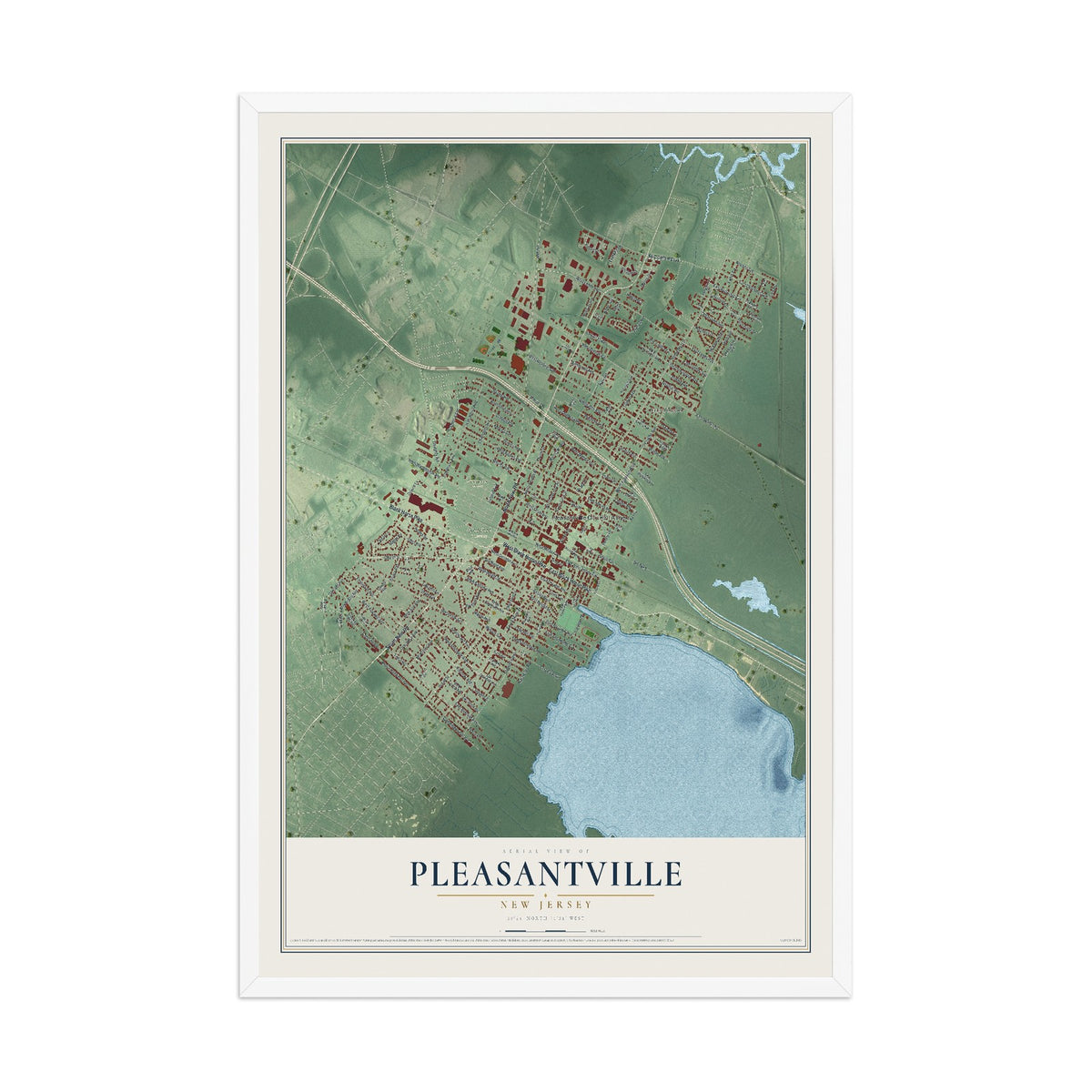 Pleasantville, New Jersey map print, 12" x 18" W/ White Ayous Wood Frame mockup