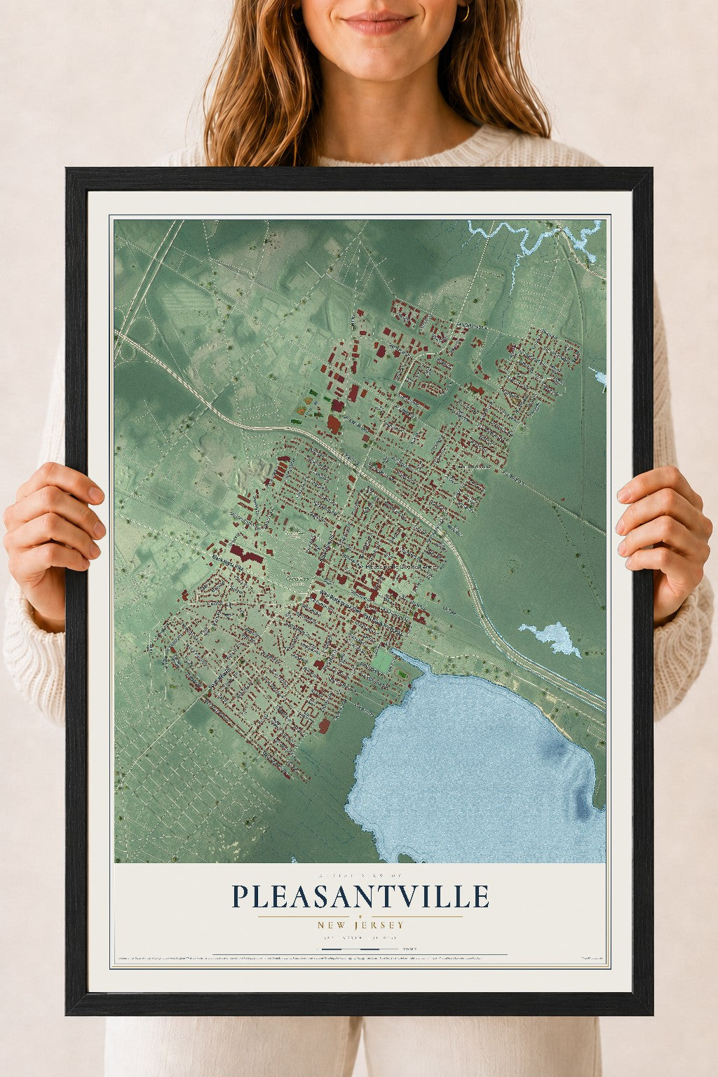 Pleasantville, New Jersey map print, 18" x 24" W/ Black Ayous Wood Frame mockup