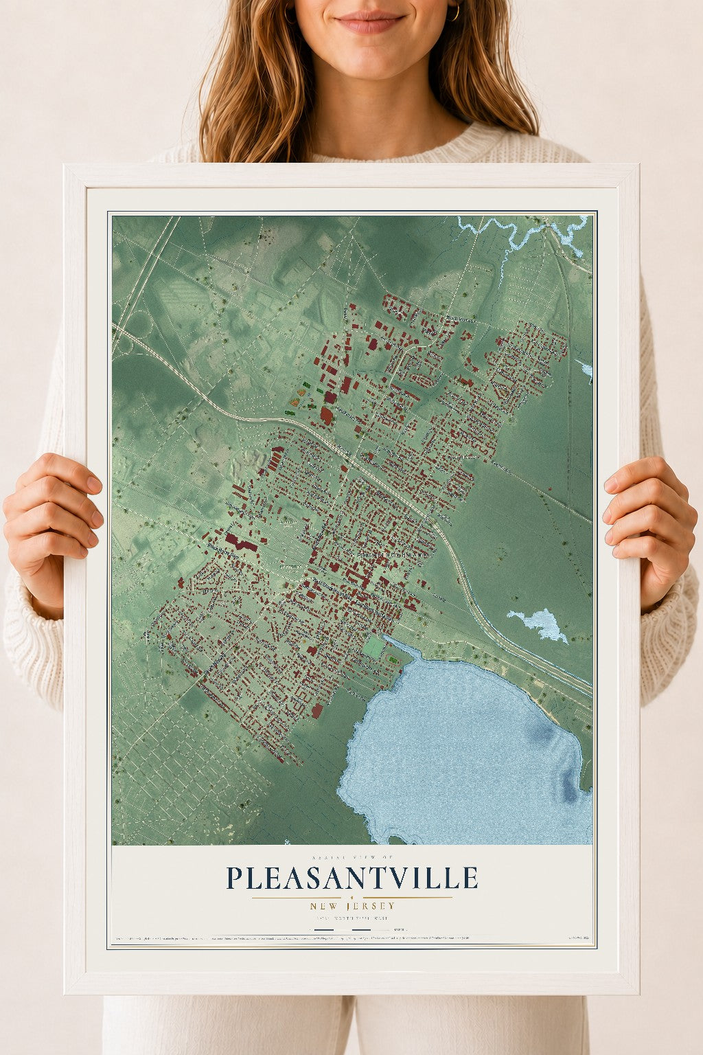 Pleasantville, New Jersey map print, 18" x 24" W/ White Ayous Wood Frame mockup