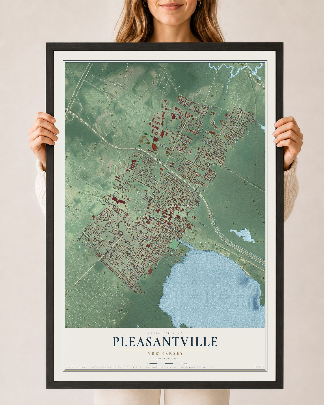 Pleasantville, New Jersey map print, 24" x 36" W/ Black Ayous Wood Frame mockup