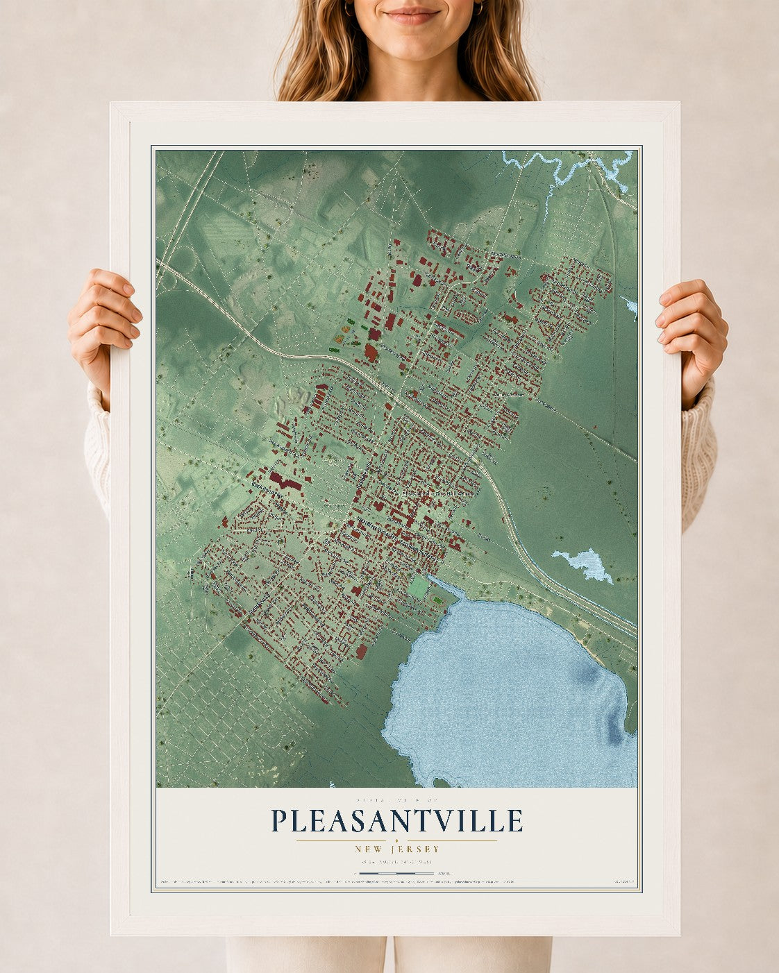 Pleasantville, New Jersey map print, 24" x 36" W/ White Ayous Wood Frame mockup