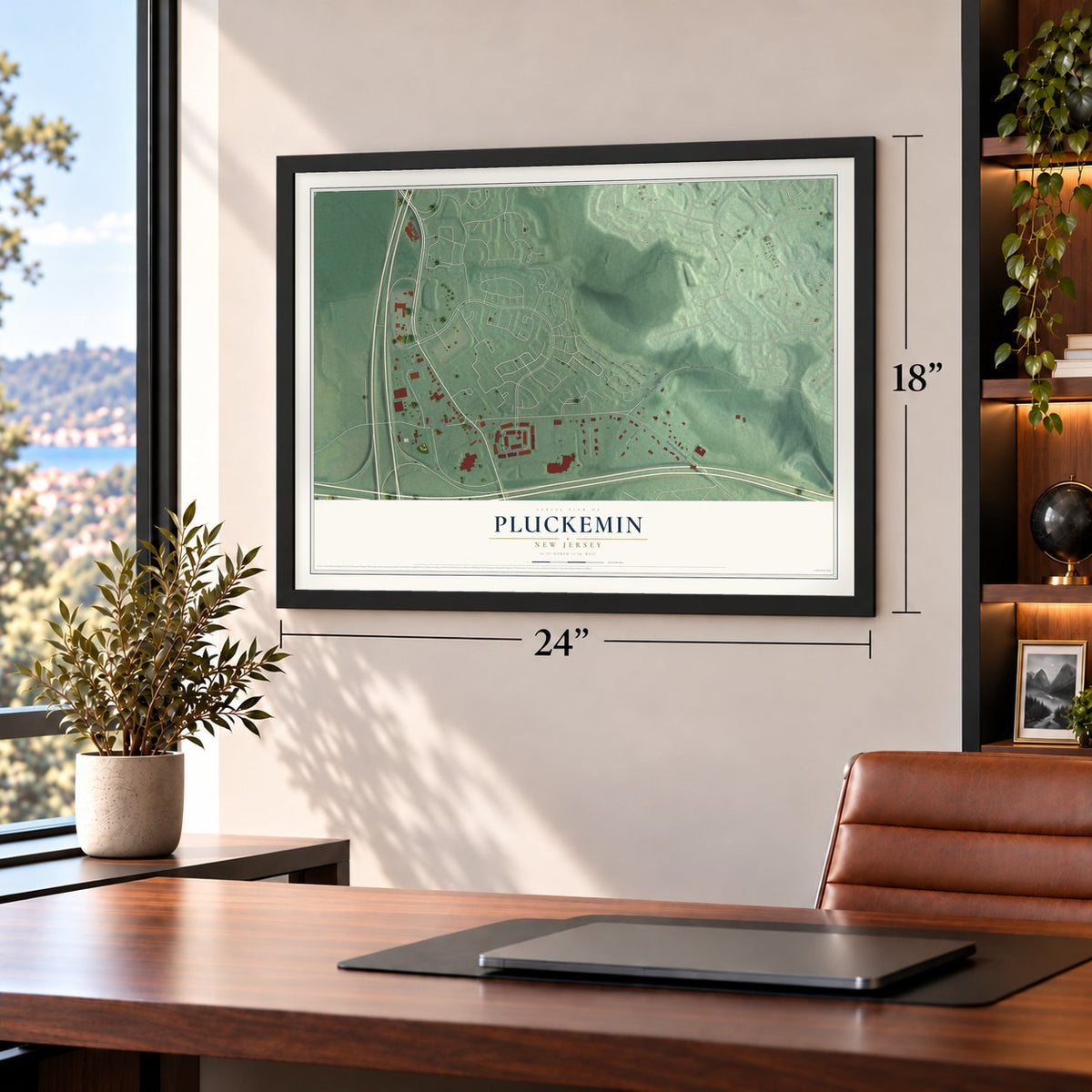 Pluckemin, New Jersey map, 18 x 24 inch print in a black frame in a home office