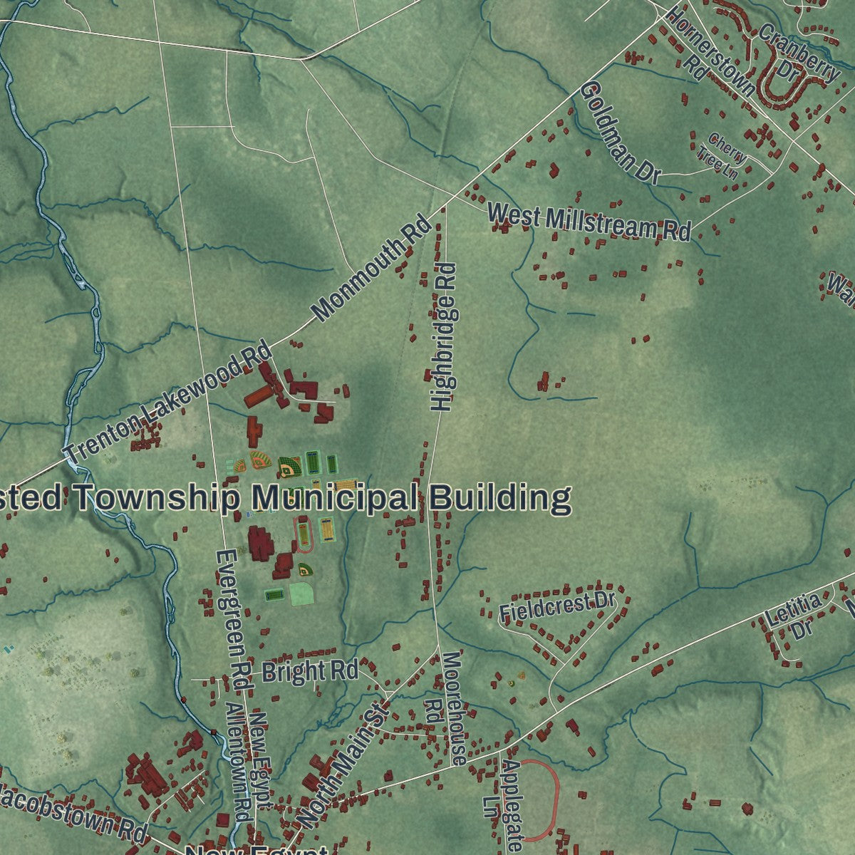 Close-up of the map of Plumsted, New Jersey print showing street and building detail