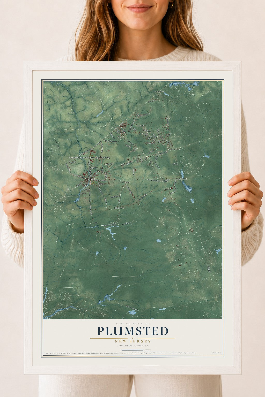 Map of Plumsted, New Jersey, 18 x 24 inch print in a white wood frame