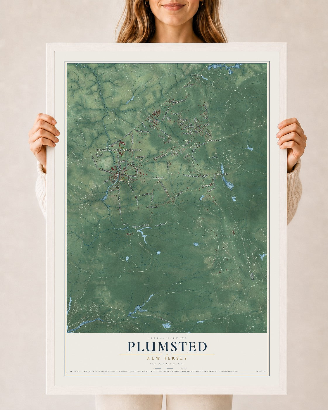 Map of Plumsted, New Jersey, 24 x 36 inch print in a white wood frame