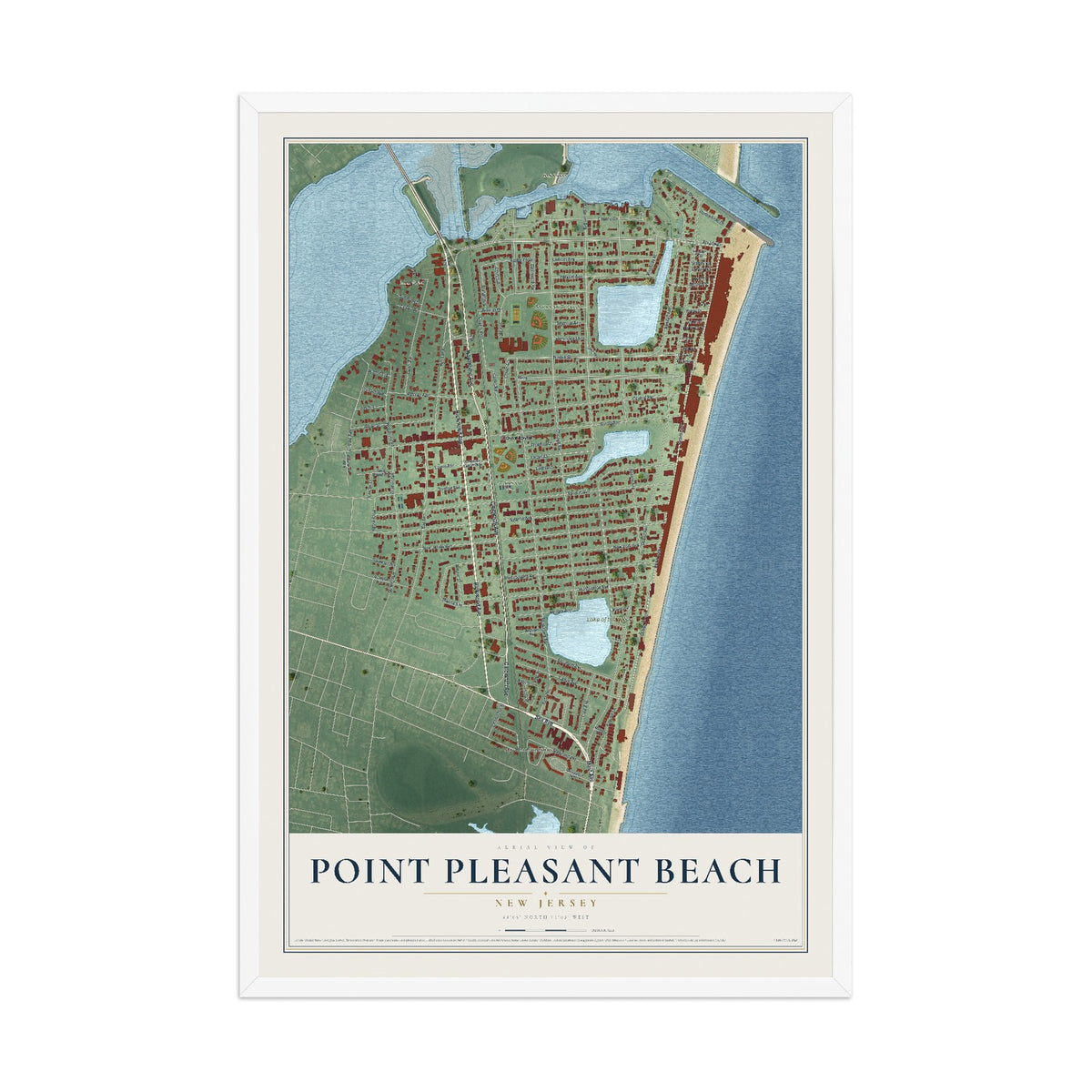 Point Pleasant Beach, New Jersey map print, 12" x 18" W/ White Ayous Wood Frame mockup
