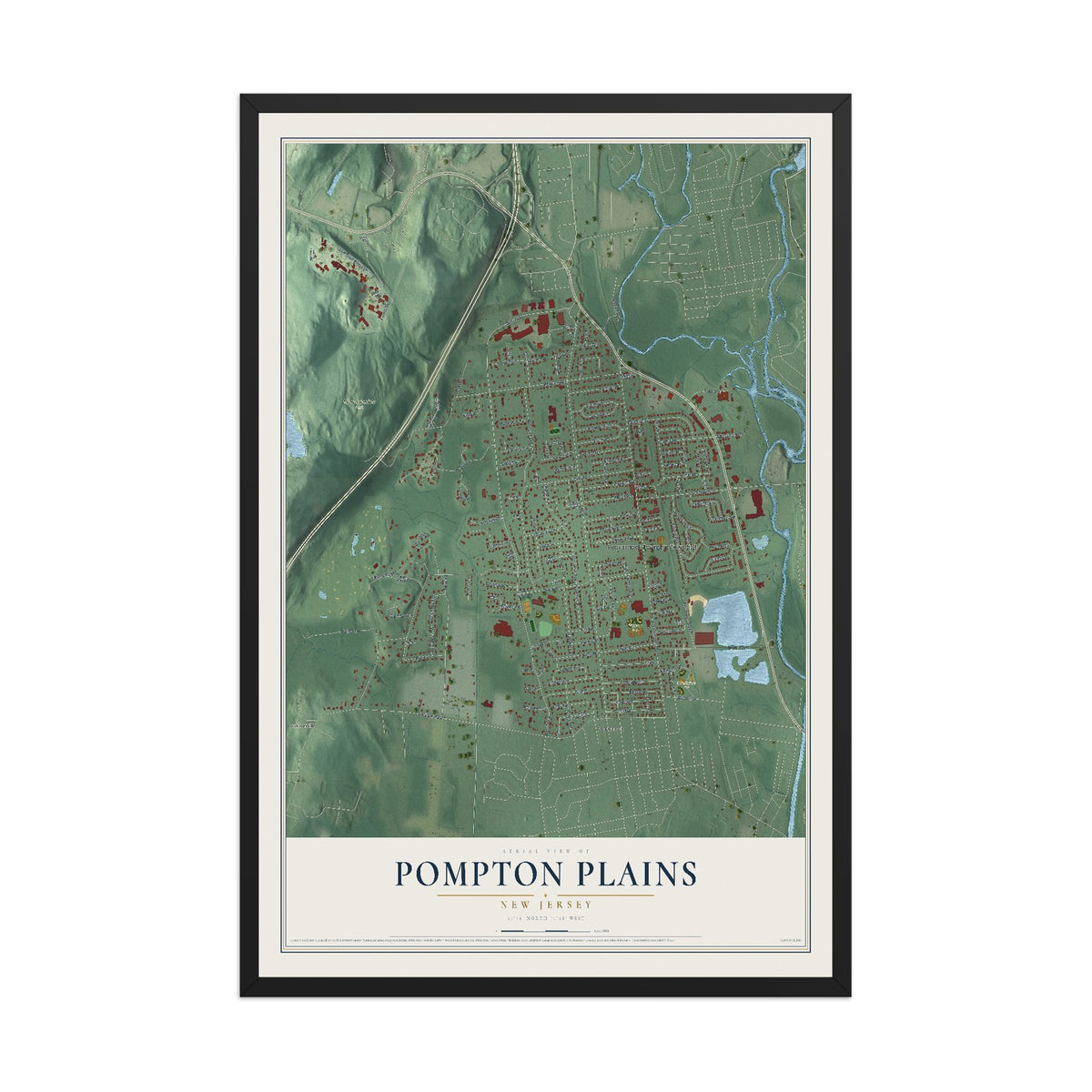Pompton Plains, New Jersey map print, 12" x 18" W/ Black Ayous Wood Frame mockup
