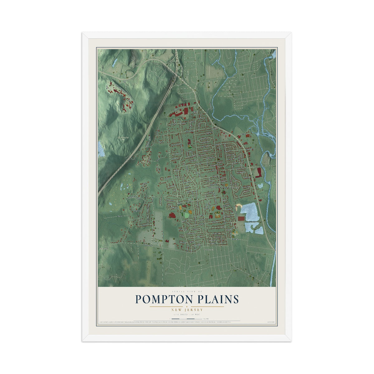 Pompton Plains, New Jersey map print, 12" x 18" W/ White Ayous Wood Frame mockup
