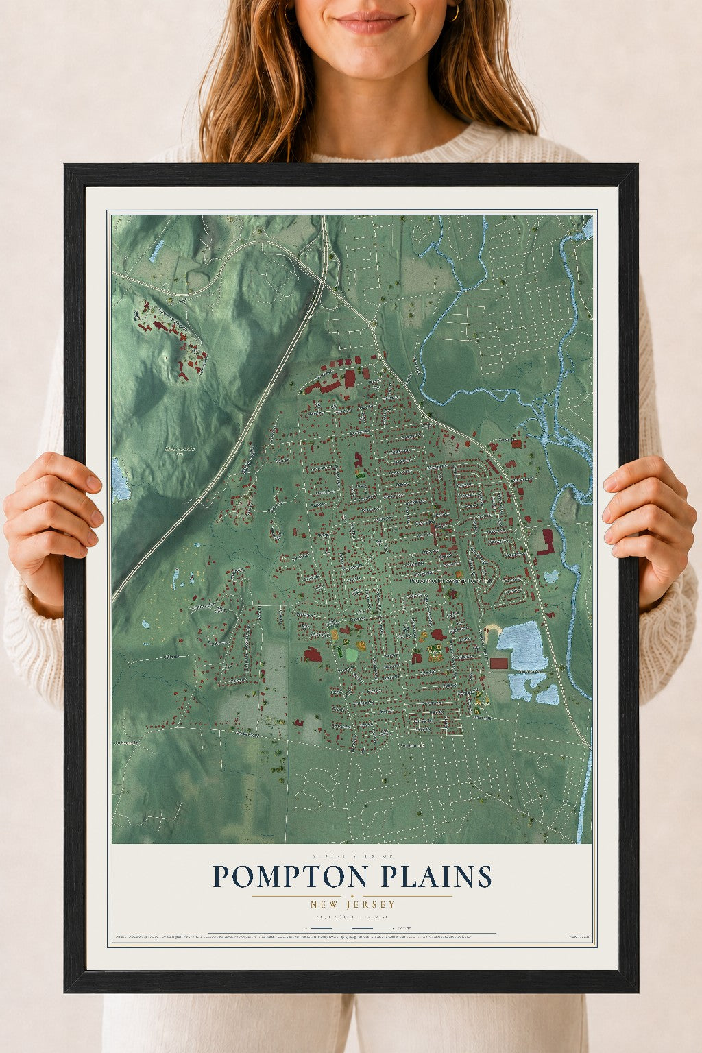 Pompton Plains, New Jersey map print, 18" x 24" W/ Black Ayous Wood Frame mockup