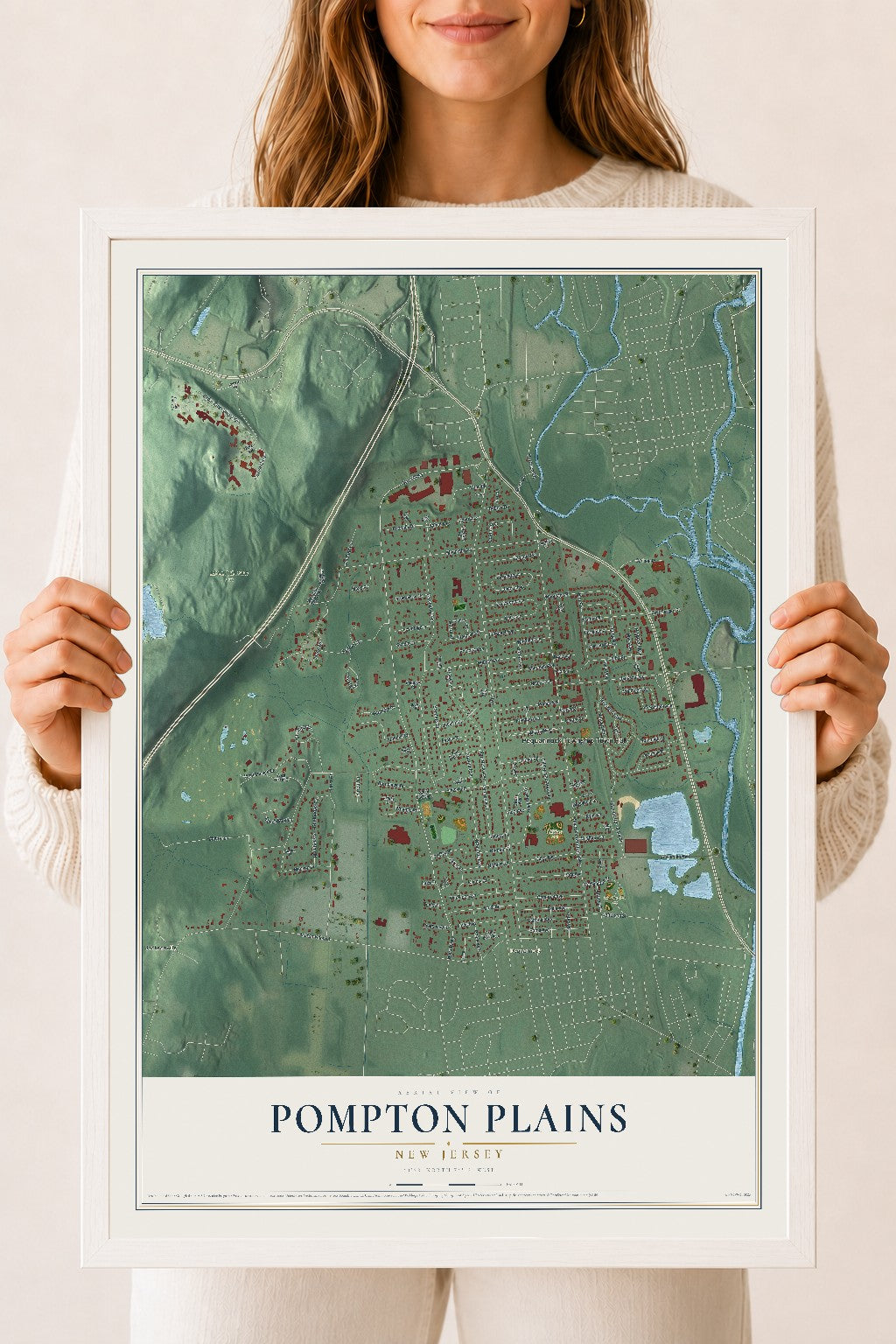Pompton Plains, New Jersey map print, 18" x 24" W/ White Ayous Wood Frame mockup