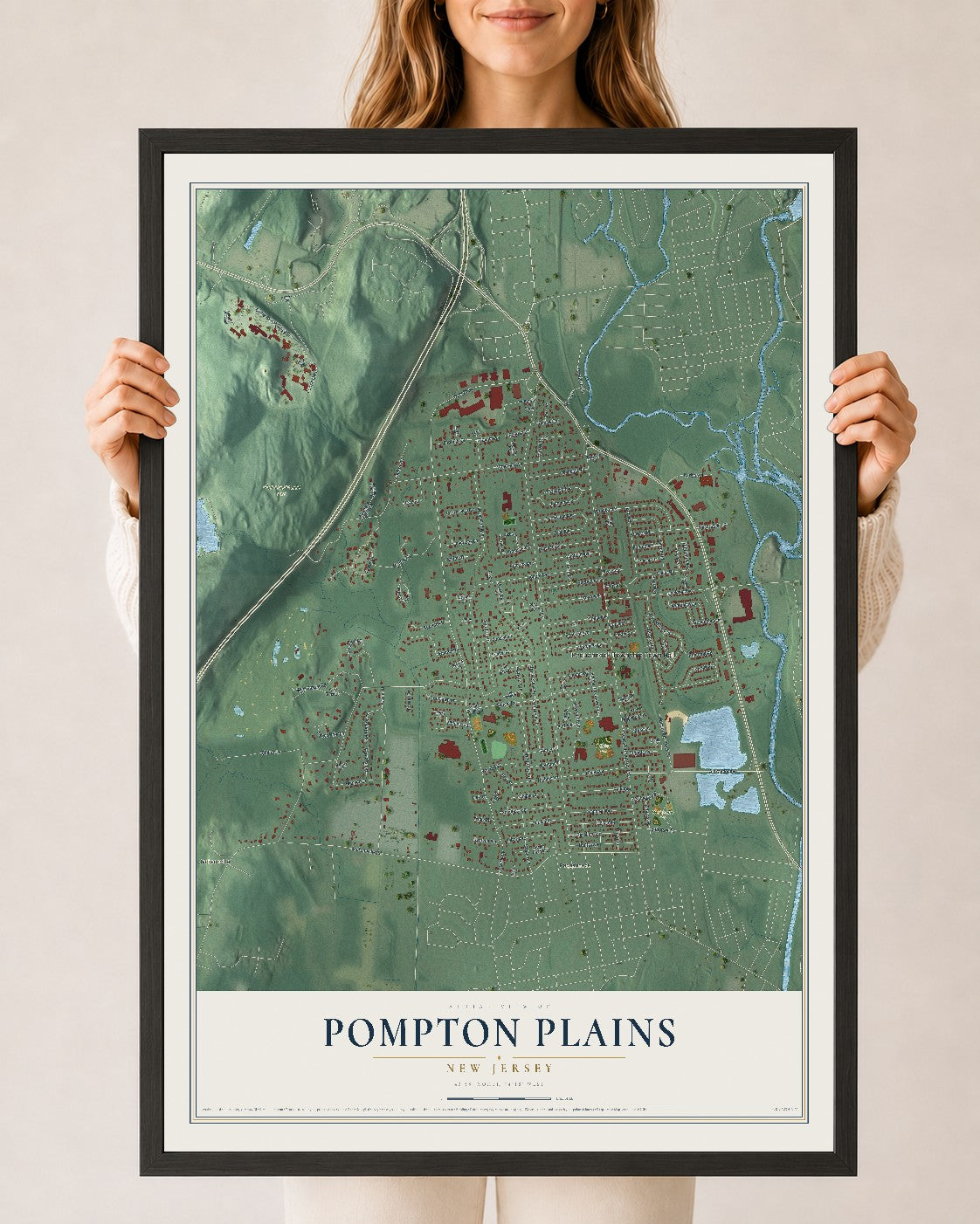 Pompton Plains, New Jersey map print, 24" x 36" W/ Black Ayous Wood Frame mockup